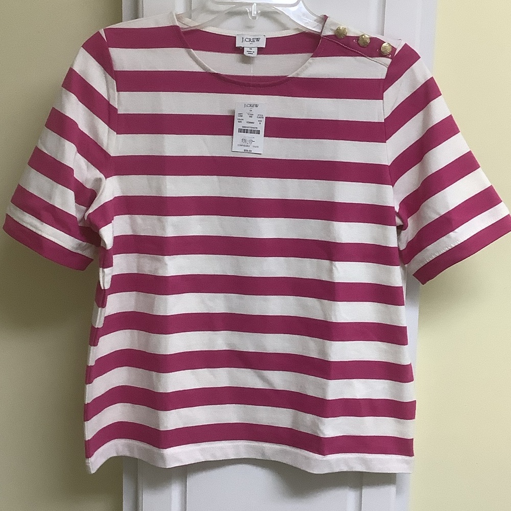 J. Crew Pink and White Striped Tee with Button Accents
